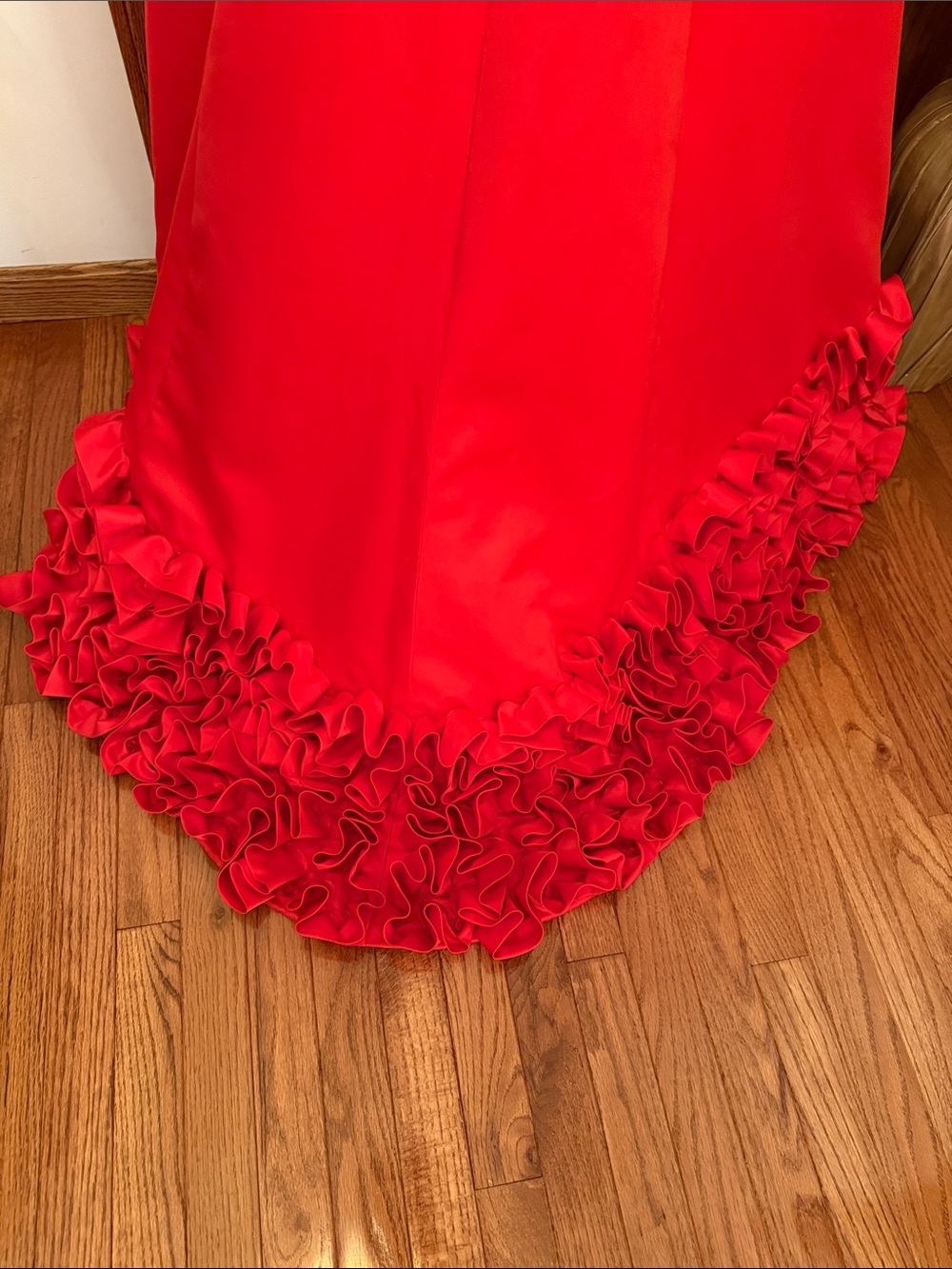 Rachel Allan Red High-Low Evening Gown with Ruffle Train - Picture 10 of 16